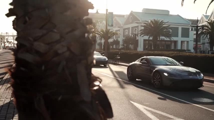Aston Martin Vantage en un bulevar con palmeras (vídeo)
